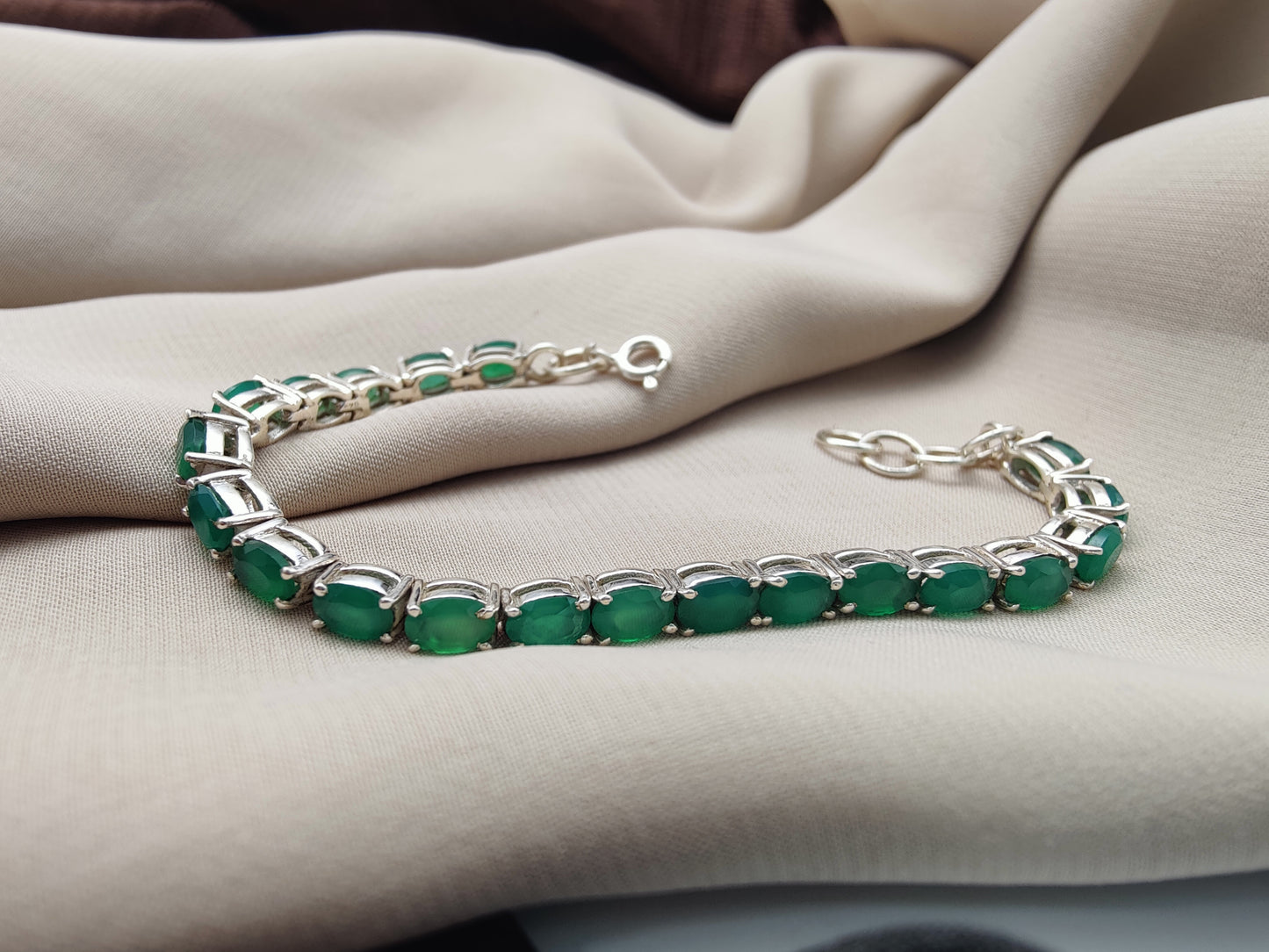 925 SOLID STERLING SILVER NATURAL GREEN ONYX HANDMADE BRACELET,8 INCHES