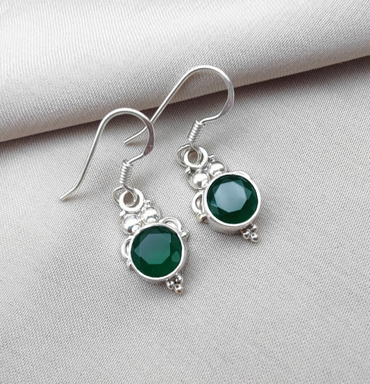 925 SOLID STERLING SILVER NATURAL GREEN ONYX GEMSTONE DANGLING EARRING