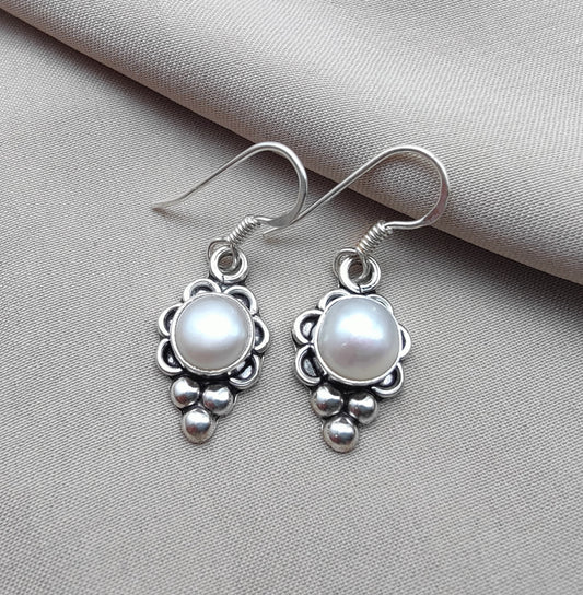 925 SOLID STERLING SILVER NATURAL PEARL DANGLING EARRINGS GIFT FOR HER