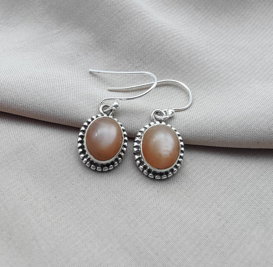 925 SOLID STERLING SILVER NATURAL PEACH MOONSTONE GEMSTONE DANGLING EARRINGS GIFT FOR HER