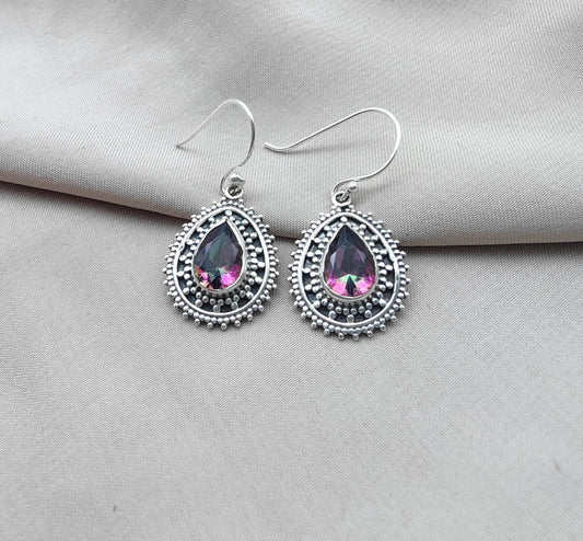 925 SOLID STERLING SILVER NATURAL MYSTIC QUARTZ GEMSTONE DANGLING EARRINGS GIFT FOR HER