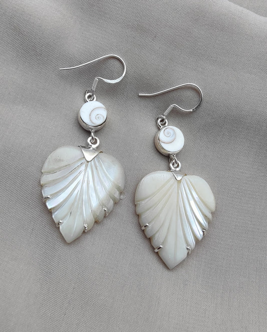 925 SOLID STERLING SILVER NATURAL SHIVA EYE GEMSTONE MOTHER OF PEARL LEAF DESIGN EARRINGS