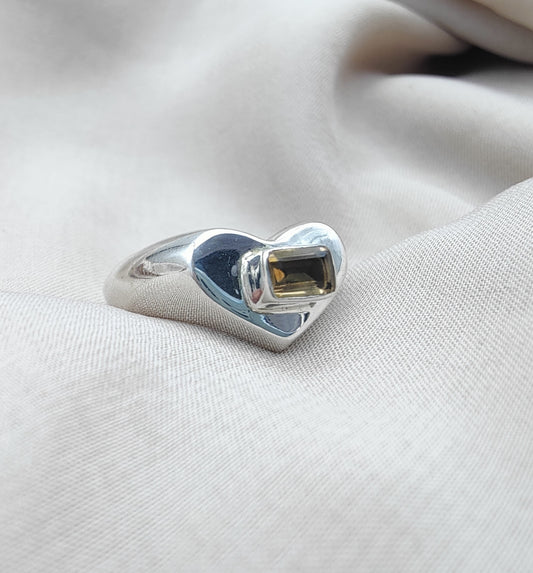 925 SOLID STERLING SILVER NATURAL SMOKY QUARTZ GEMSTONE HANDMADE RING HEART DESIGN , ALL SIZES AVAILABLE