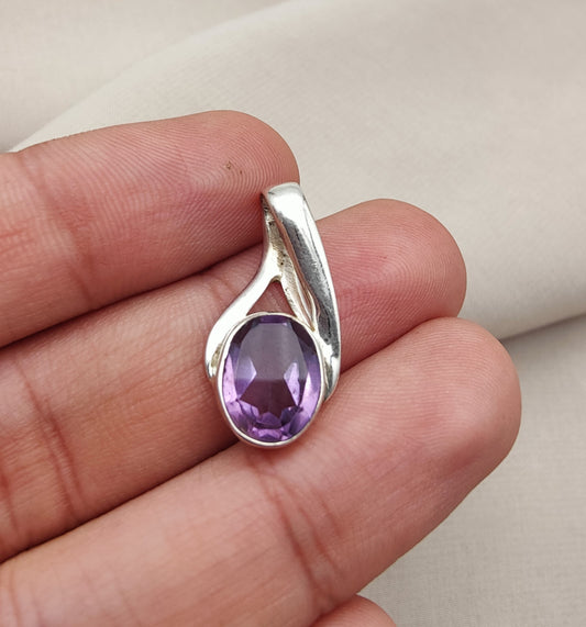 925 SOLID STERLING SILVER NATURAL AMETHYST GEMSTONE OVAL FACETED CUT SHAPE HANDMADE PENDANT