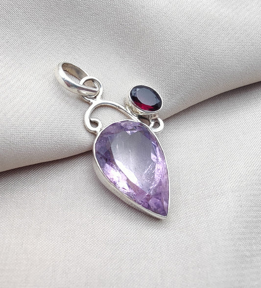 925 SOLID STERLING SILVER NATURAL AMETHYST AND GARNET GEMSTONE HANDMADE PENDANT