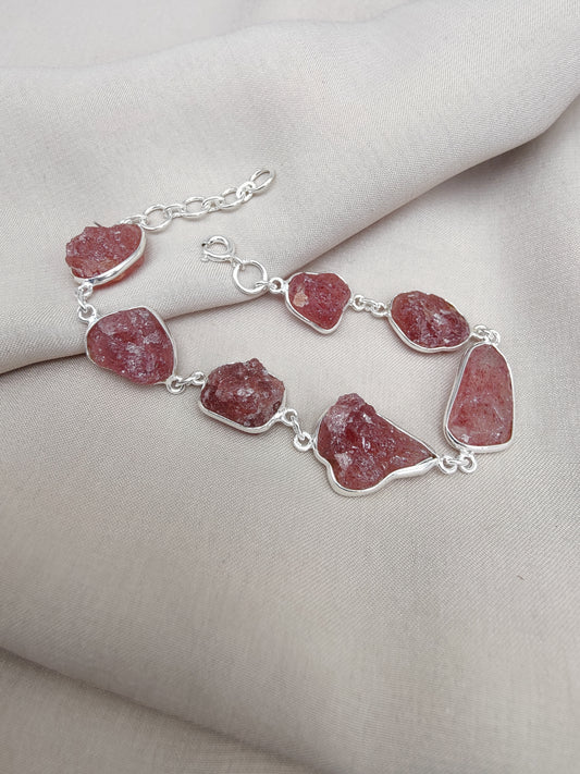 925 SOLID STERLING SILVER NATURAL RAW STRAWBERRY QUARTZ HANDMADE BRACELET