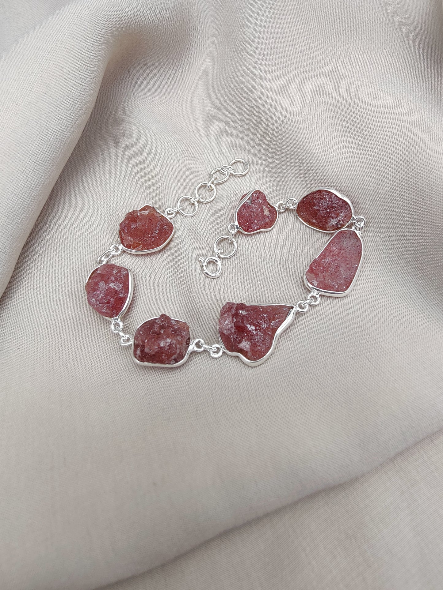 925 SOLID STERLING SILVER NATURAL RAW STRAWBERRY QUARTZ HANDMADE BRACELET