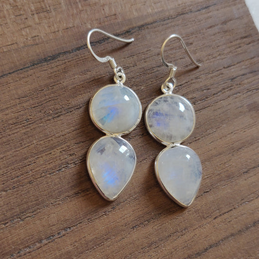 925 SOLID STERLING SILVER NATURAL RAINBOW MOONSTONE GEMSTONE HOOK EARRING