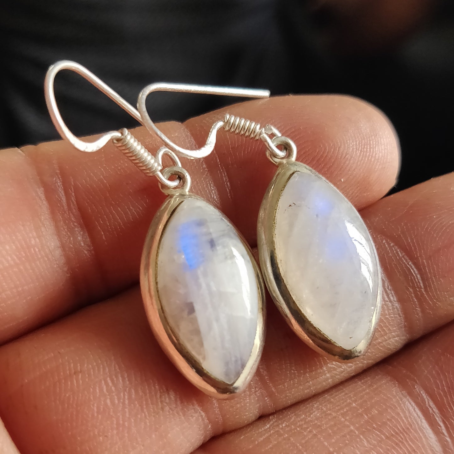 925 SOLID STERLING SILVER NATURAL RAINBOW MOONSTONE GEMSTONE HOOK EARRING