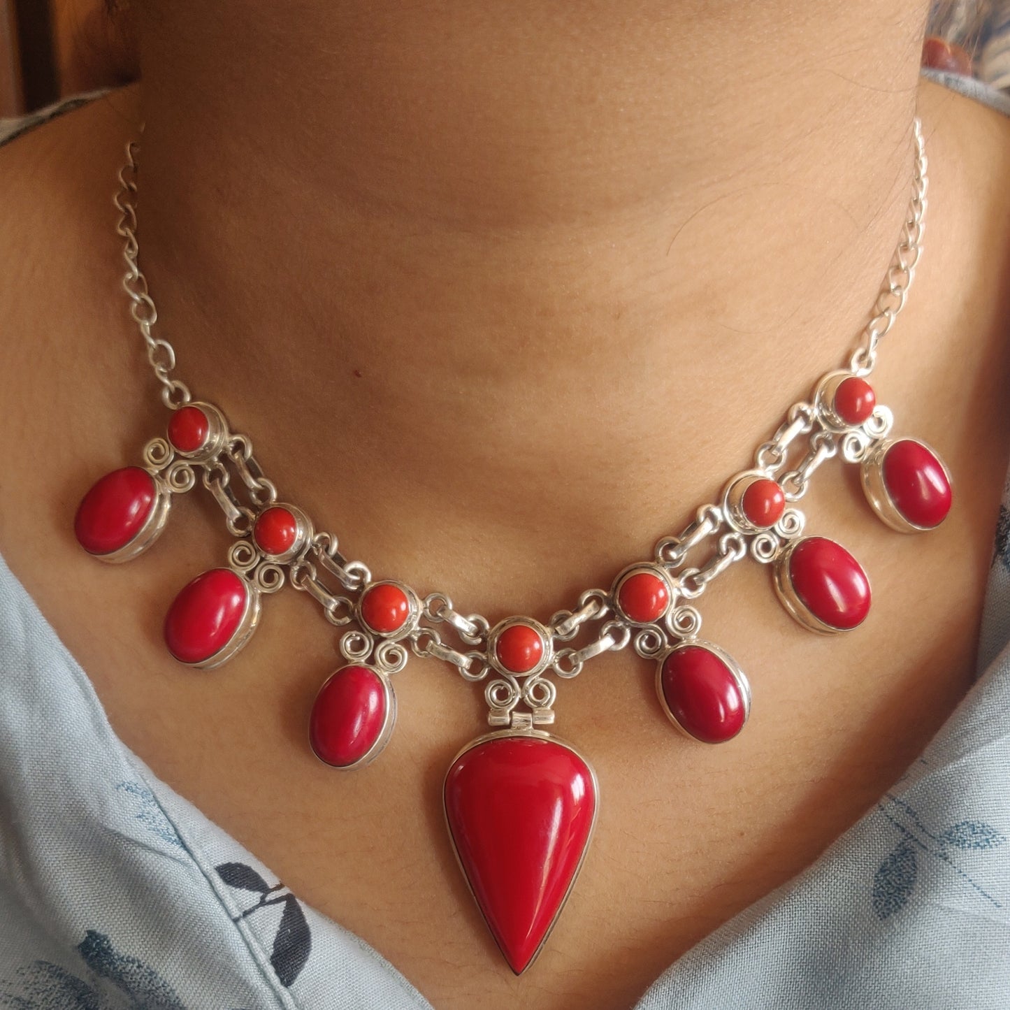 925 SOLID STERLING SILVER NATURAL CORAL HANDMADE NECKLACE,18 INCHES
