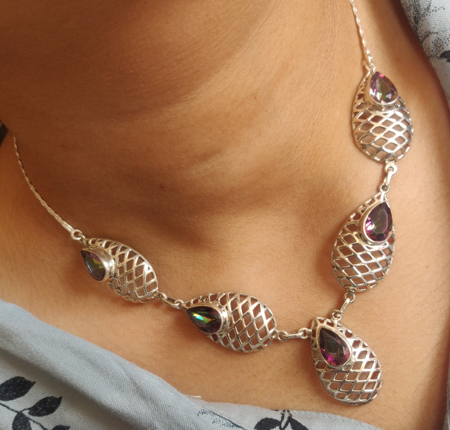 925 SOLID STERLING SILVER NATURAL MYSTIC QUARTZ HANDMADE NECKLACE,18 INCHES