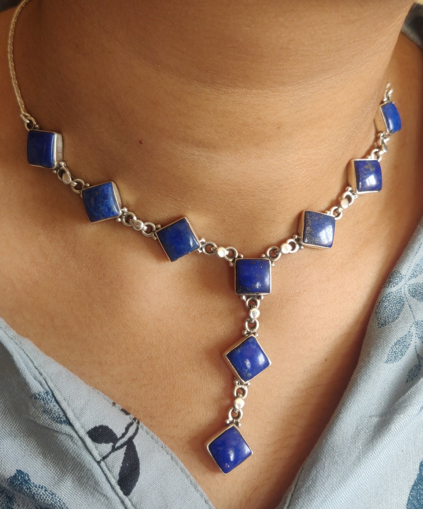 925 SOLID STERLING SILVER NATURAL LAPIS LAZULI HANDMADE NECKLACE,18 INCHES