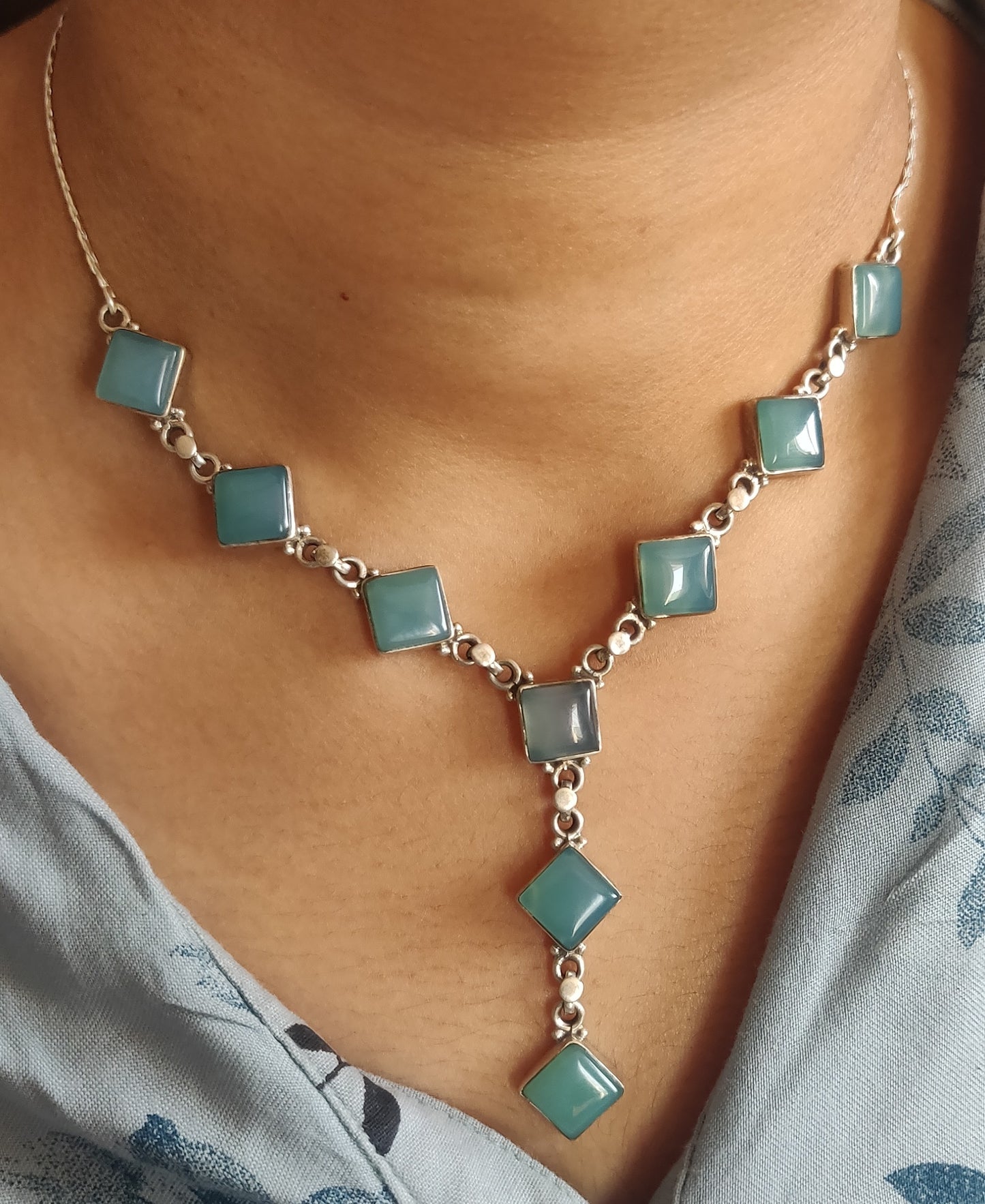 925 SOLID STERLING SILVER NATURAL BLUE CHALCEDONY HANDMADE NECKLACE,18 INCHES