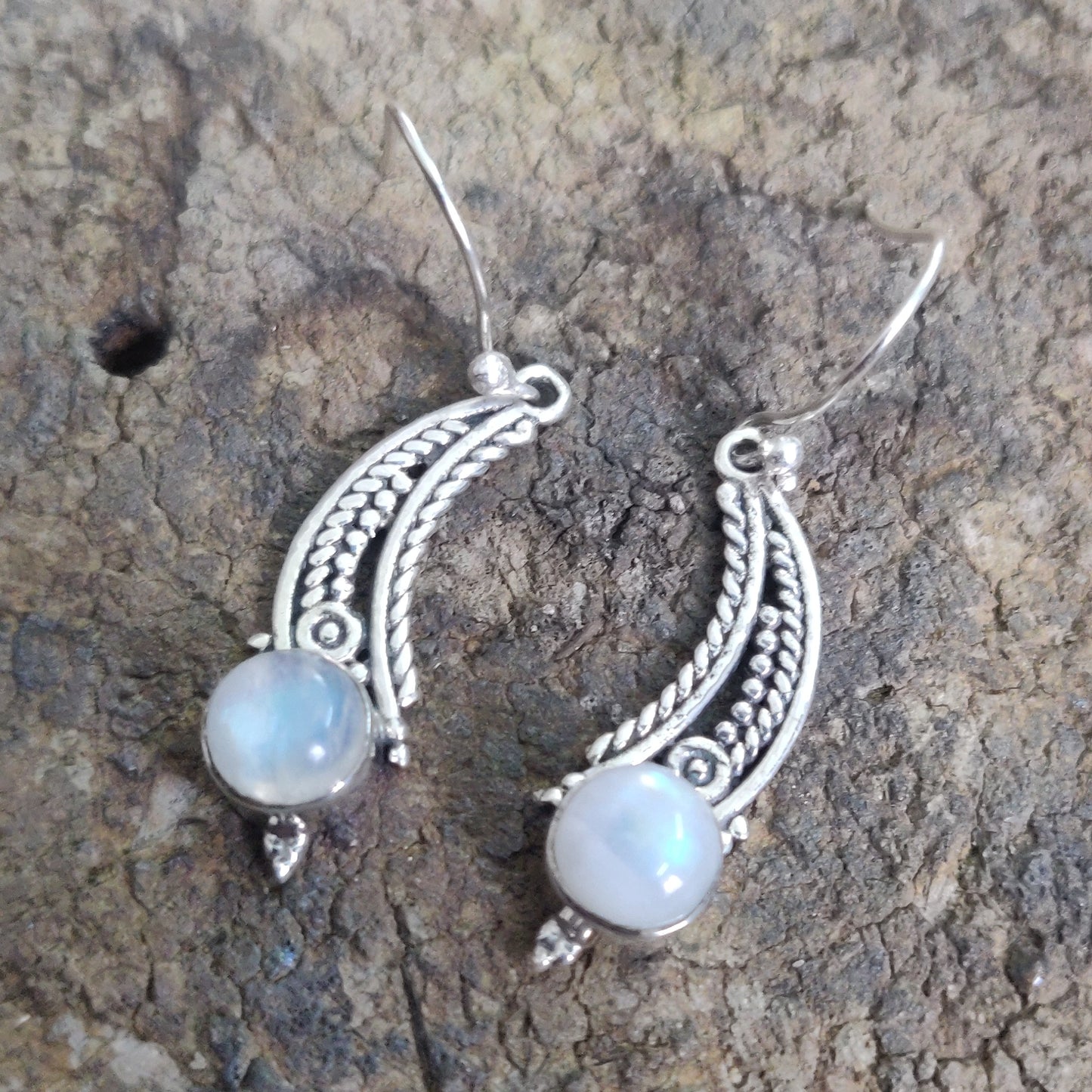 925 SOLID STERLING SILVER NATURAL RAINBOW MOONSTONE GEMSTONE HOOK EARRING