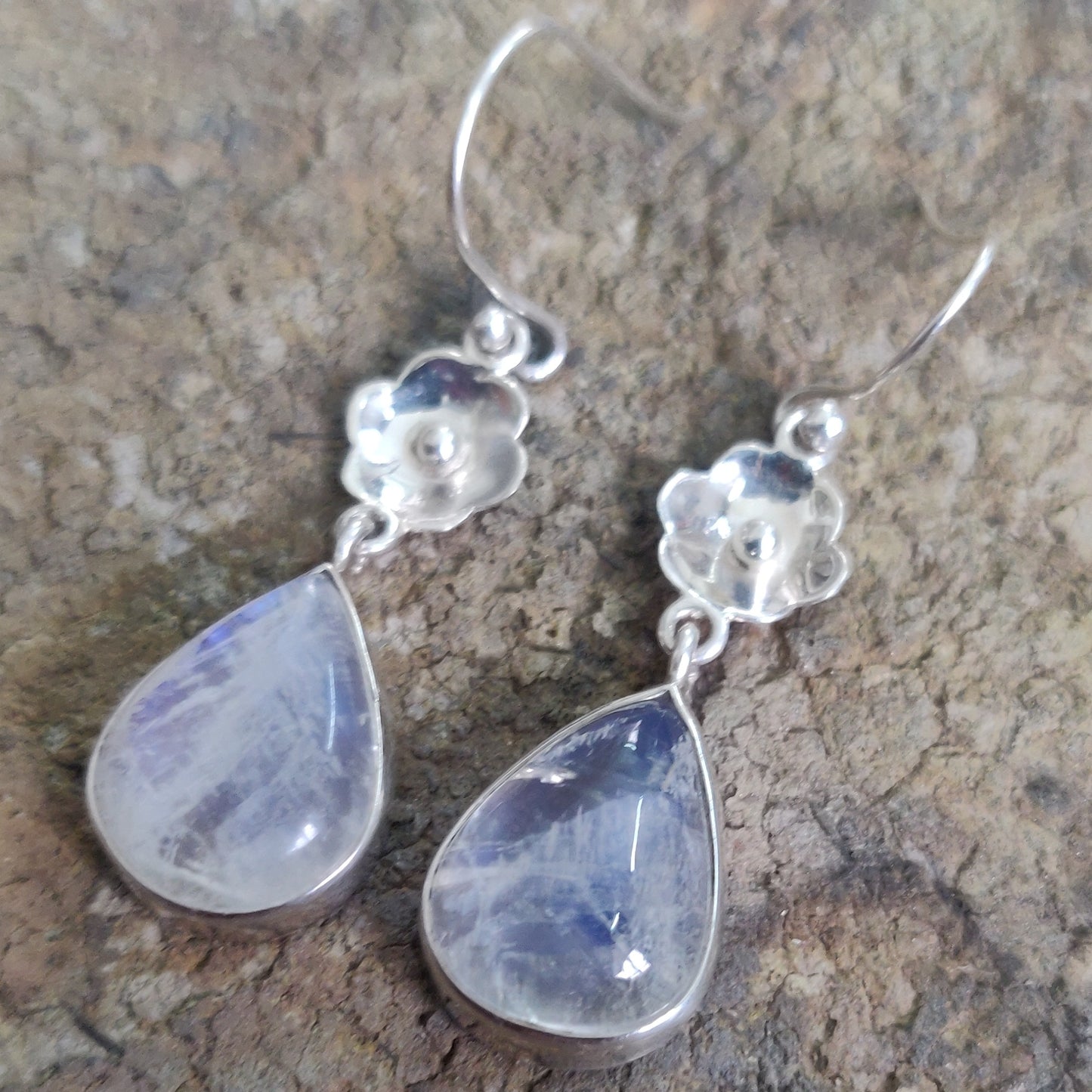 925 SOLID STERLING SILVER NATURAL RAINBOW MOONSTONE GEMSTONE HOOK EARRING