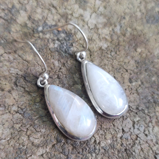 925 SOLID STERLING SILVER NATURAL RAINBOW MOONSTONE GEMSTONE HOOK EARRING