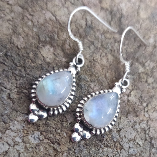 925 SOLID STERLING SILVER NATURAL RAINBOW MOONSTONE GEMSTONE HOOK EARRING