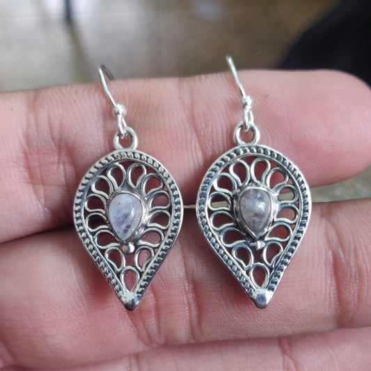 925 SOLID STERLING SILVER NATURAL RAINBOW MOONSTONE GEMSTONE HOOK EARRING