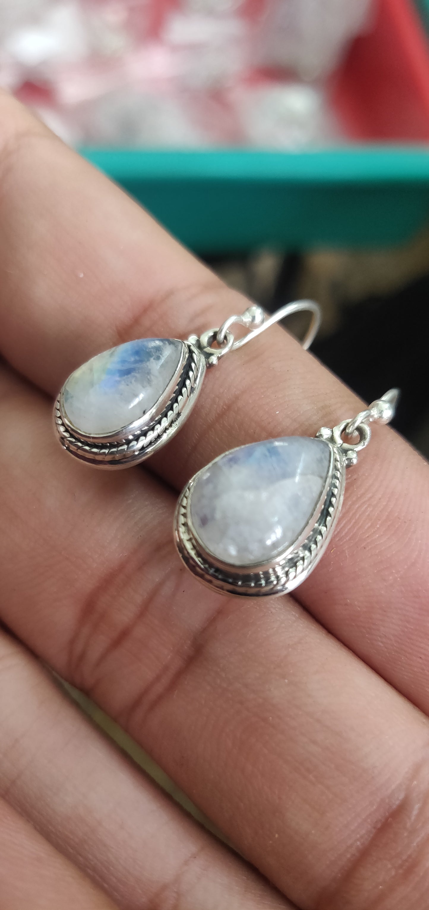925 SOLID STERLING SILVER NATURAL RAINBOW MOONSTONE GEMSTONE HOOK EARRING