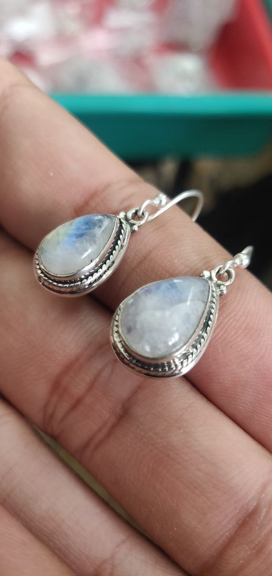 925 SOLID STERLING SILVER NATURAL RAINBOW MOONSTONE GEMSTONE HOOK EARRING