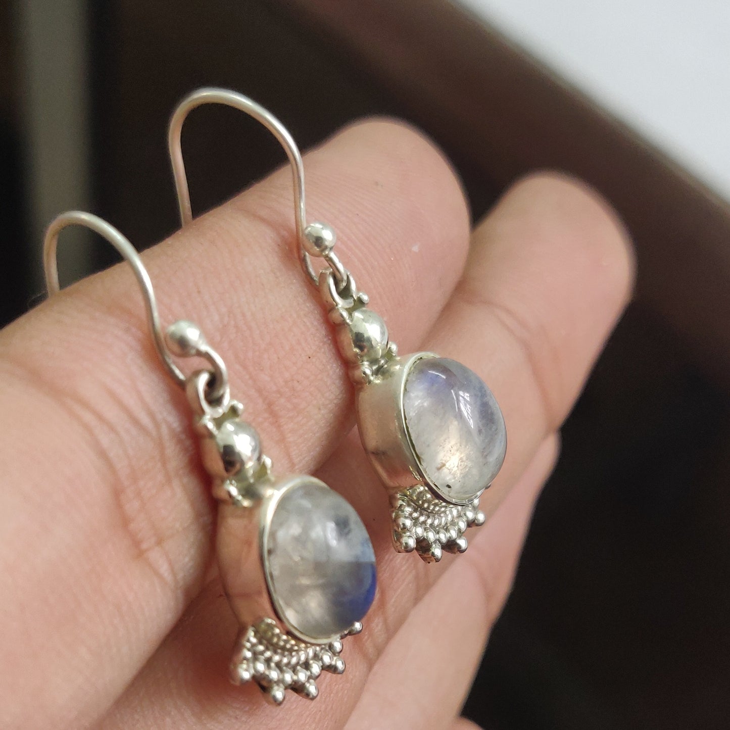 925 SOLID STERLING SILVER NATURAL RAINBOW MOONSTONE GEMSTONE HOOK EARRING
