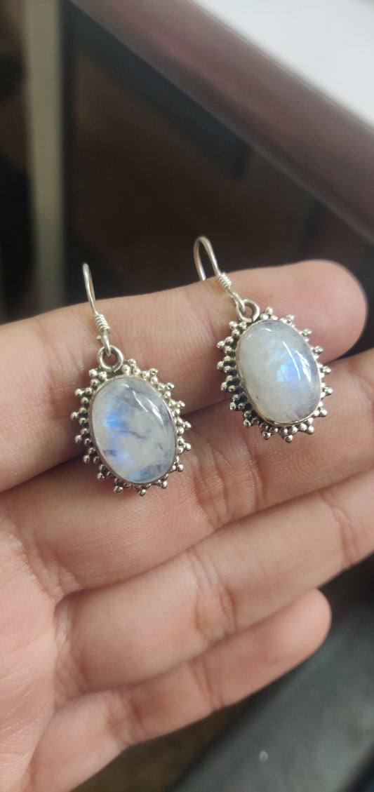 925 SOLID STERLING SILVER NATURAL RAINBOW MOONSTONE GEMSTONE HOOK EARRING