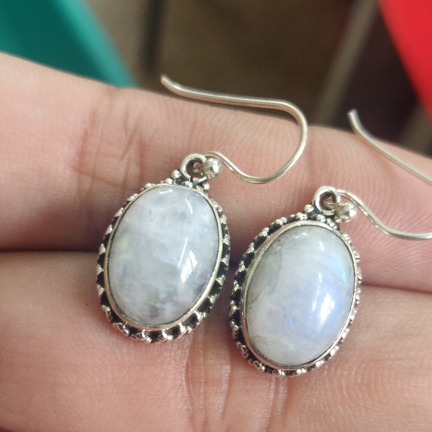 925 SOLID STERLING SILVER NATURAL RAINBOW MOONSTONE GEMSTONE HOOK EARRING