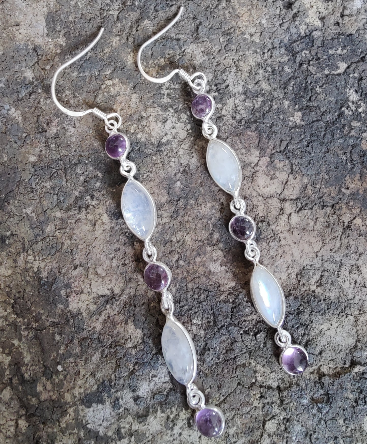 925 SOLID STERLING SILVER NATURAL RAINBOW MOONSTONE GEMSTONE HOOK EARRING