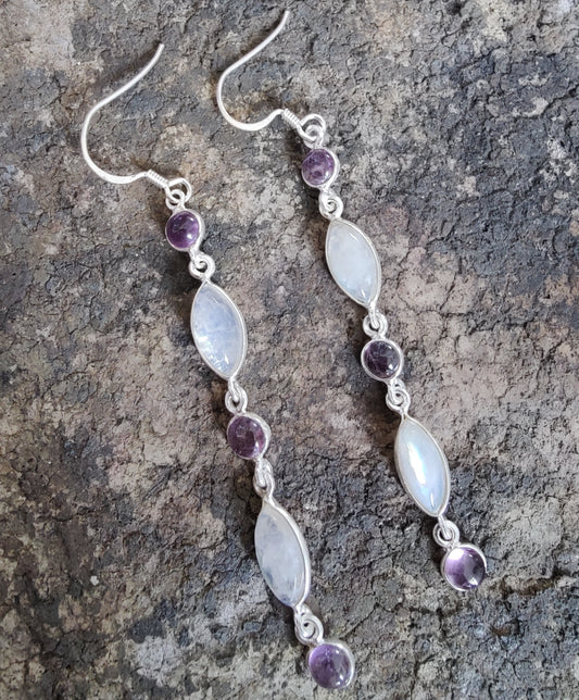 925 SOLID STERLING SILVER NATURAL RAINBOW MOONSTONE GEMSTONE HOOK EARRING