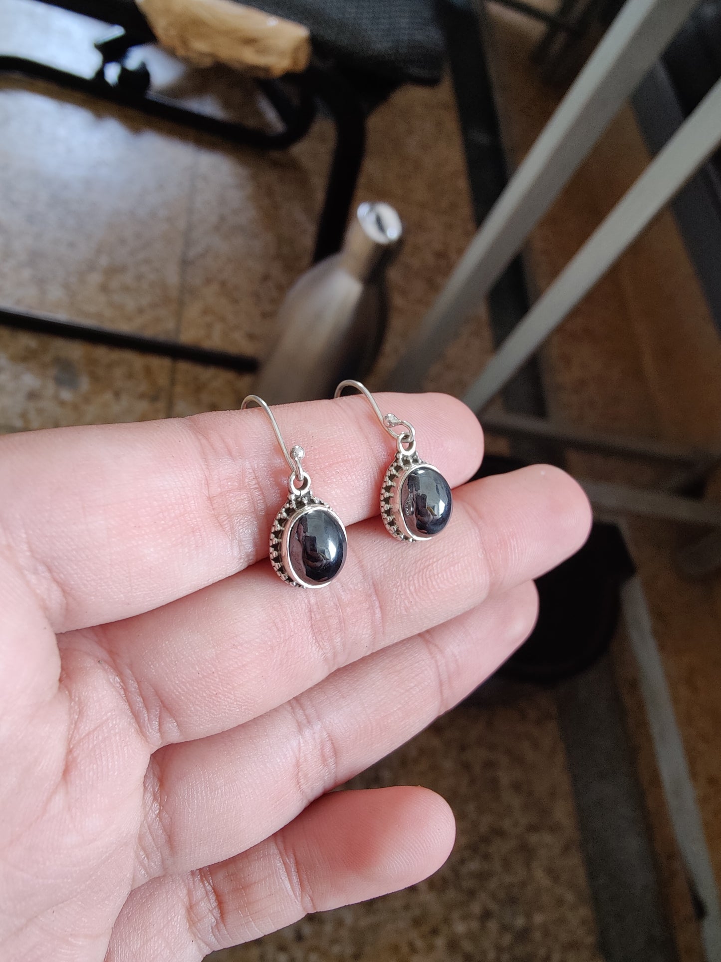 925 SOLID STERLING SILVER NATURAL HEMATITE GEMSTONE HOOK EARRING