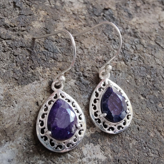 925 SOLID STERLING SILVER NATURAL BLUE SAPPHIRE GEMSTONE HOOK EARRING