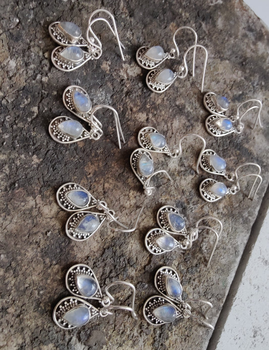 925 SOLID STERLING SILVER NATURAL RAINBOW MOONSTOONE GEMSTONE HOOK EARRING