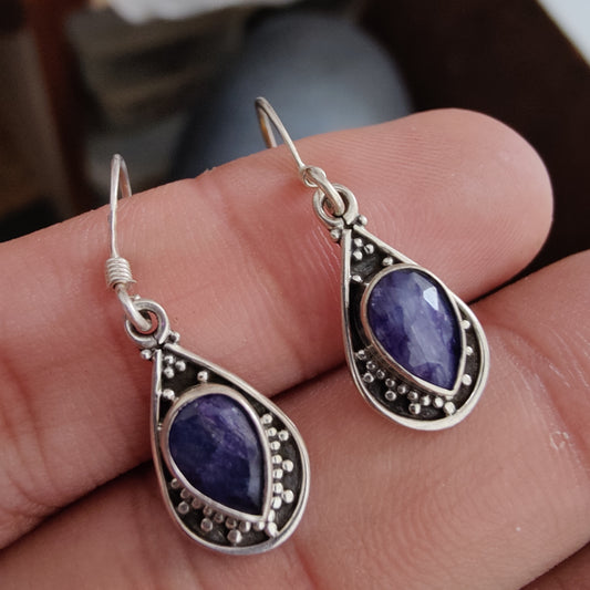 925 SOLID STERLING SILVER NATURAL BLUE SAPPHIRE GEMSTONE HOOK EARRING
