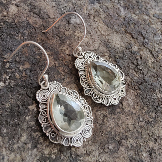 925 SOLID STERLING SILVER NATURAL GREEN AMETHYST GEMSTONE HOOK EARRING