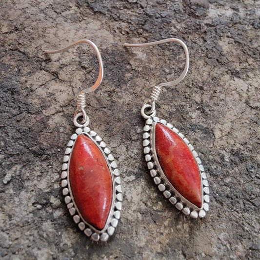 925 SOLID STERLING SILVER NATURAL RED CORAL GEMSTONE HOOK EARRING