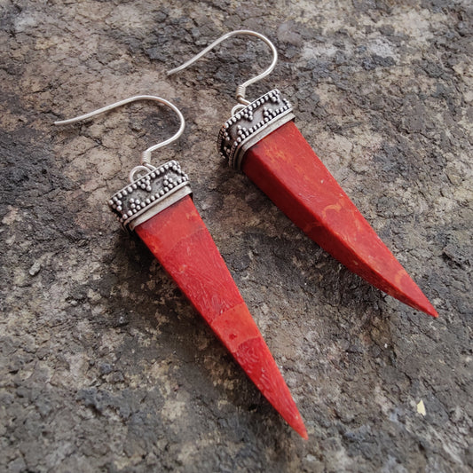925 SOLID STERLING SILVER NATURAL RED CORAL GEMSTONE HOOK EARRING