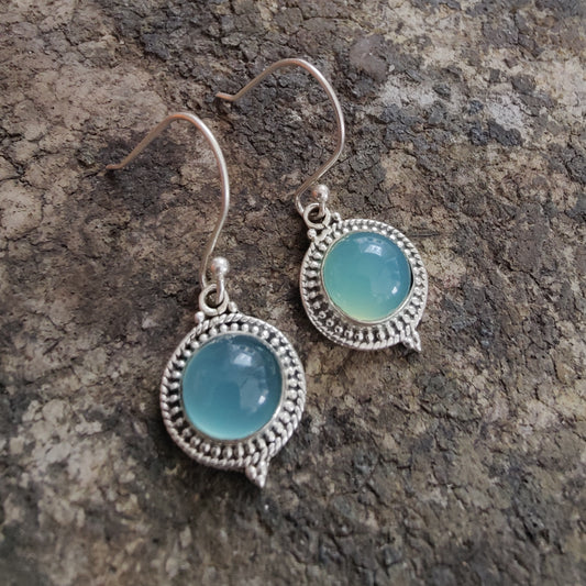 925 SOLID STERLING SILVER NATURAL BLUE CHALCEDONY GEMSTONE HOOK EARRING