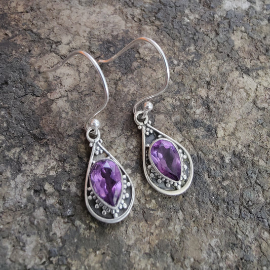 925 SOLID STERLING SILVER NATURAL PURPLE AMETHYST GEMSTONE HOOK EARRING