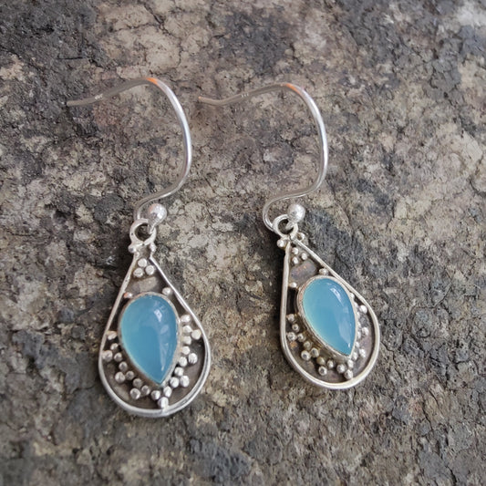 925 SOLID STERLING SILVER NATURAL BLUE CHALCEDONY GEMSTONE HOOK EARRING