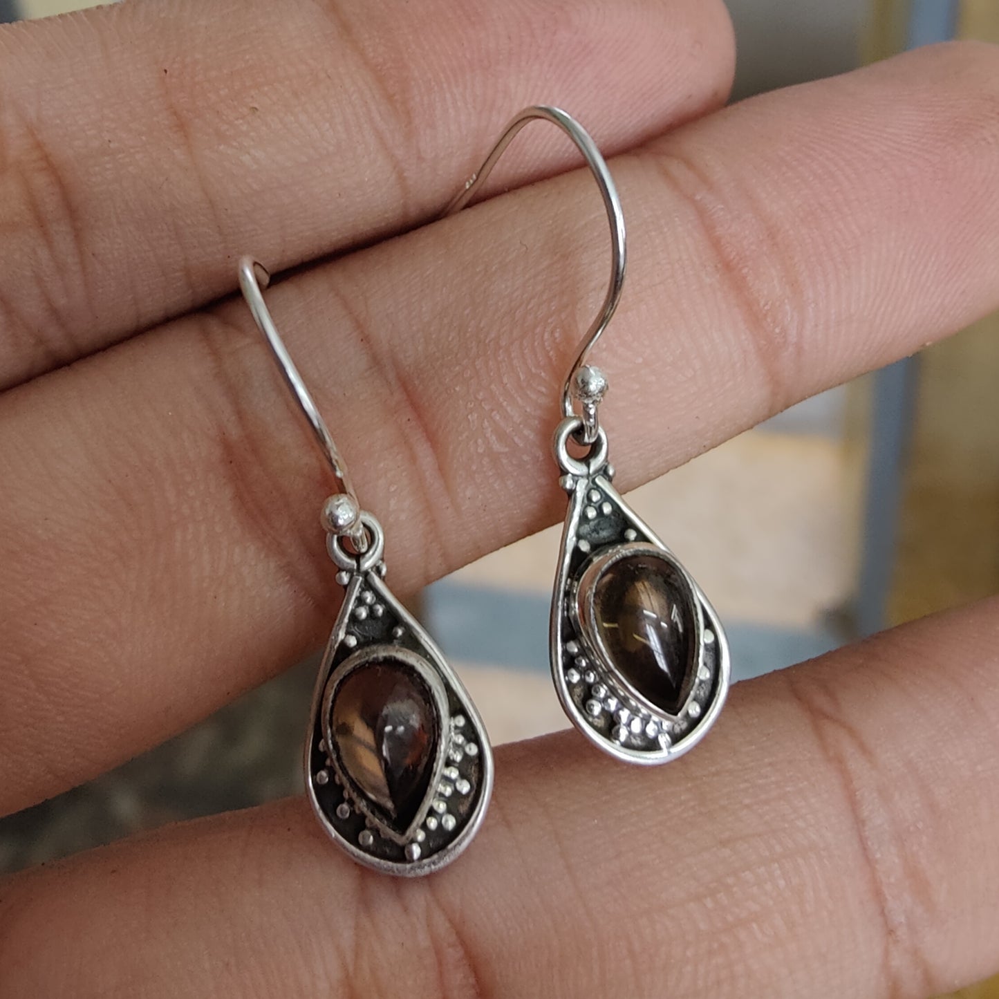 925 SOLID STERLING SILVER NATURAL SMOKY QUARTZ GEMSTONE HOOK EARRING