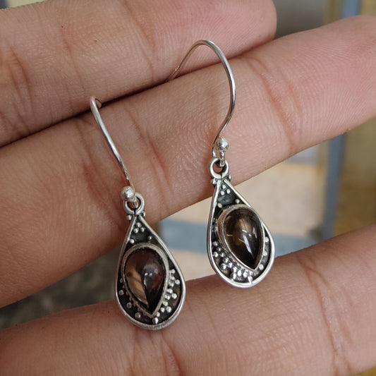 925 SOLID STERLING SILVER NATURAL SMOKY QUARTZ GEMSTONE HOOK EARRING