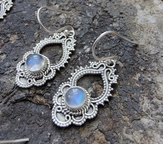 925 SOLID STERLING SILVER NATURAL RAINBOW MOONSTONE GEMSTONE HOOK EARRING