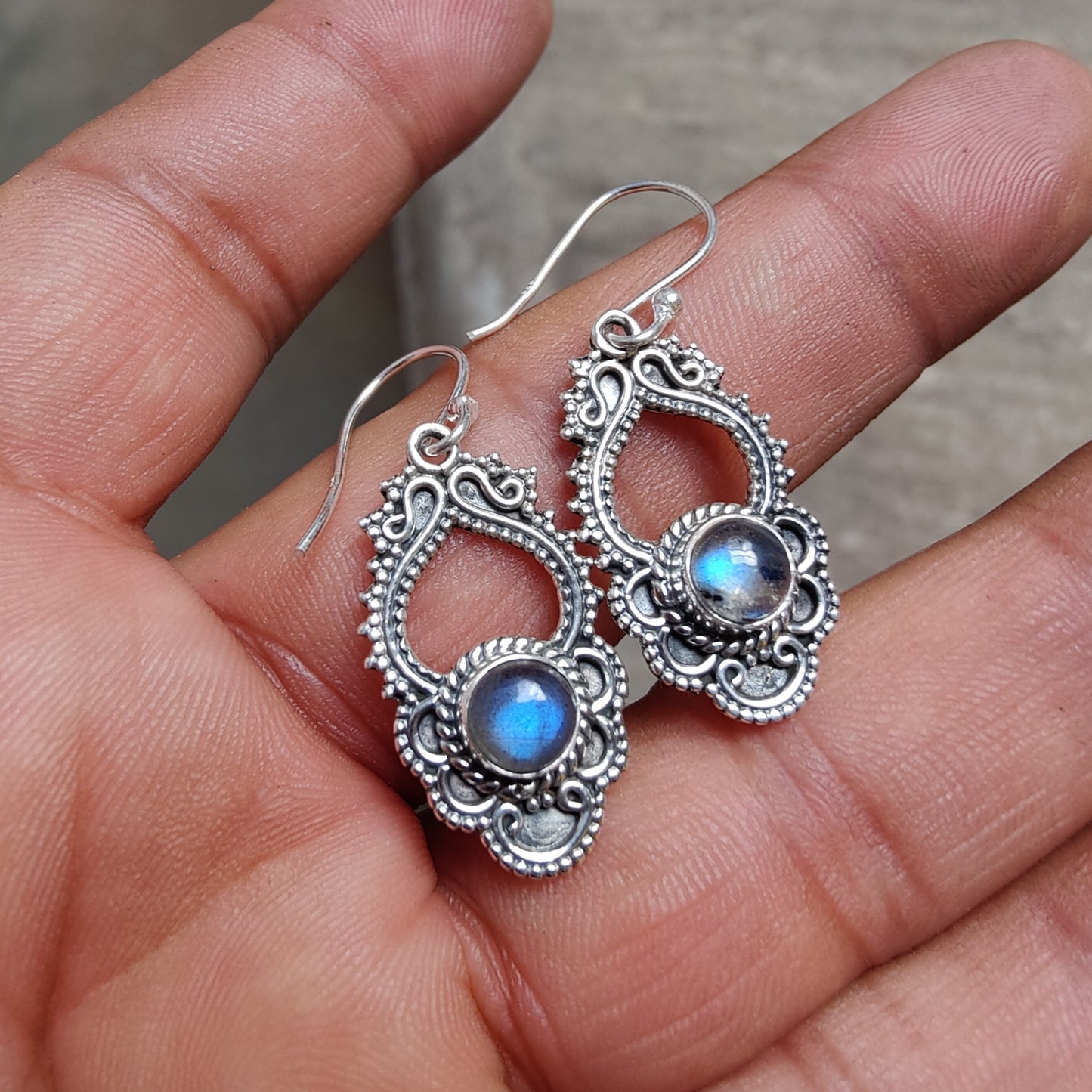 925 SOLID STERLING SILVER NATURAL LABRADORITE GEMSTONE HOOK EARRING
