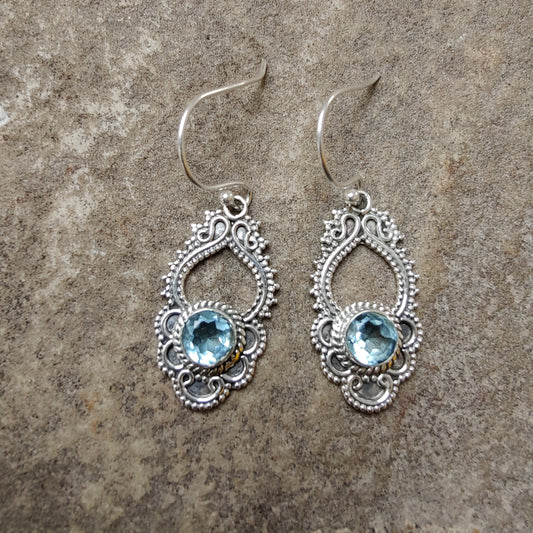 925 SOLID STERLING SILVER NATURAL BLUE QUARTZ GEMSTONE HOOK EARRING