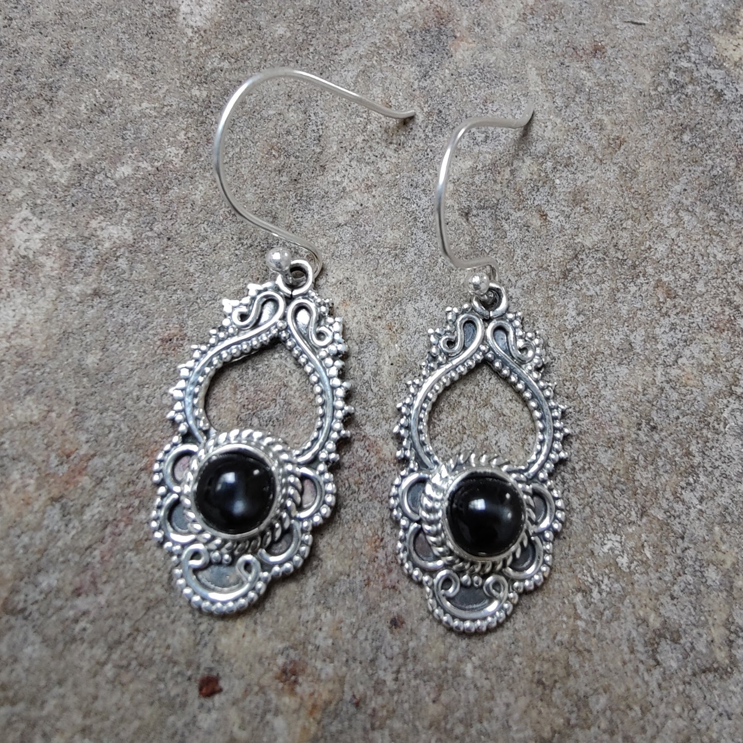 925 SOLID STERLING SILVER NATURAL BLACK ONYX GEMSTONE HOOK EARRING