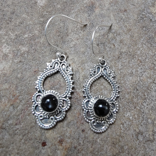 925 SOLID STERLING SILVER NATURAL BLACK ONYX GEMSTONE HOOK EARRING