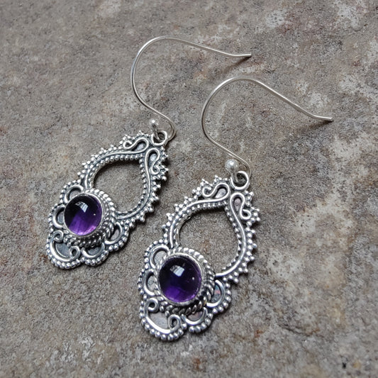 925 SOLID STERLING SILVER NATURAL PURPLE AMETHYST GEMSTONE HOOK EARRING