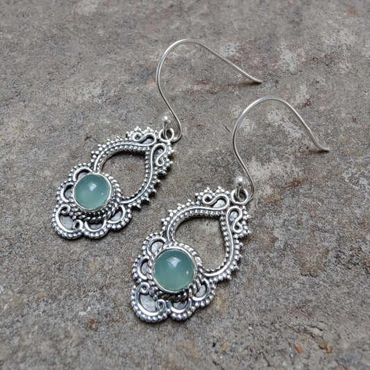 925 SOLID STERLING SILVER NATURAL AQUA MILKY GEMSTONE HOOK EARRING