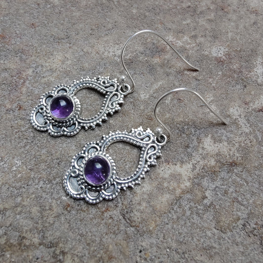925 SOLID STERLING SILVER NATURAL PURPLE AMETHYST GEMSTONE HOOK EARRING