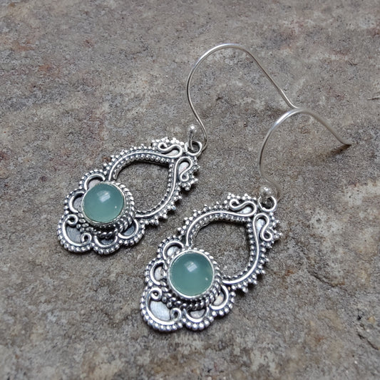 925 SOLID STERLING SILVER NATURAL AQUA MILKY GEMSTONE HOOK EARRING